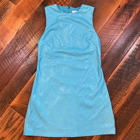 House of Harlow 1960 Faux Leather Mini Dress in Aqua Blue M Sleeveless Bodycon - Picture 2 of 10